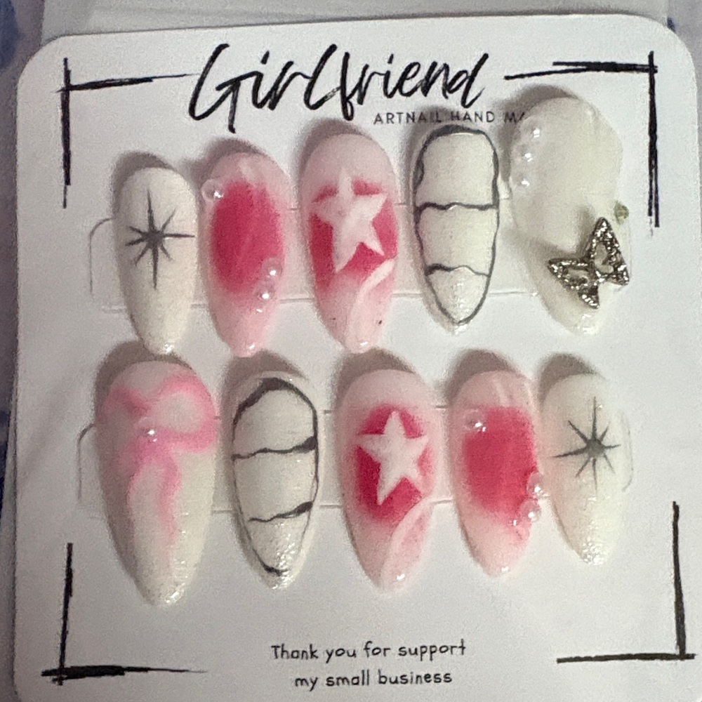 Girlfriend Pink White Star & Bow Press-On Nails